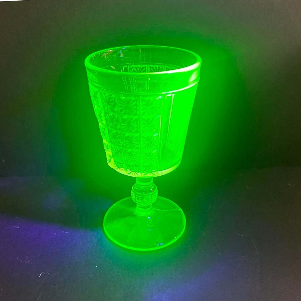 Vaseline Glass Goblet Yellow Green Star Panel Pattern Depression Glass